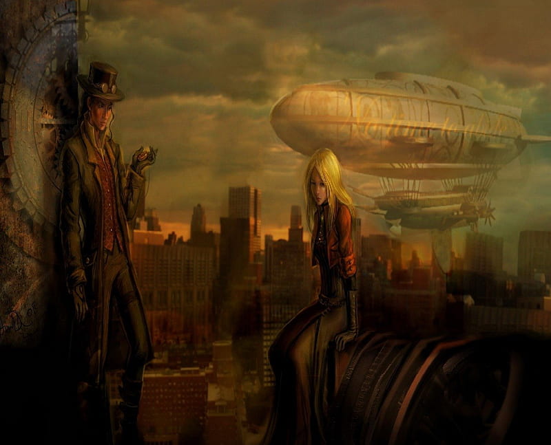 Steampunk World, Blimp, Woman, Man, City, HD wallpaper