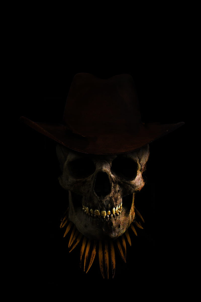 Skull, black skull, cow boy hat, cowboy, cowboy hat, cowboy skull, cowboy , hat, man skull, skull, HD phone wallpaper