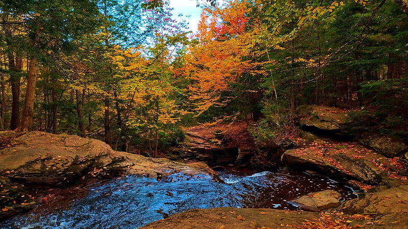 Garden Creek Falls, New Brunswick, river, fall, clouds, trees, colors, sky, forest, stones, autumn, HD wallpaper