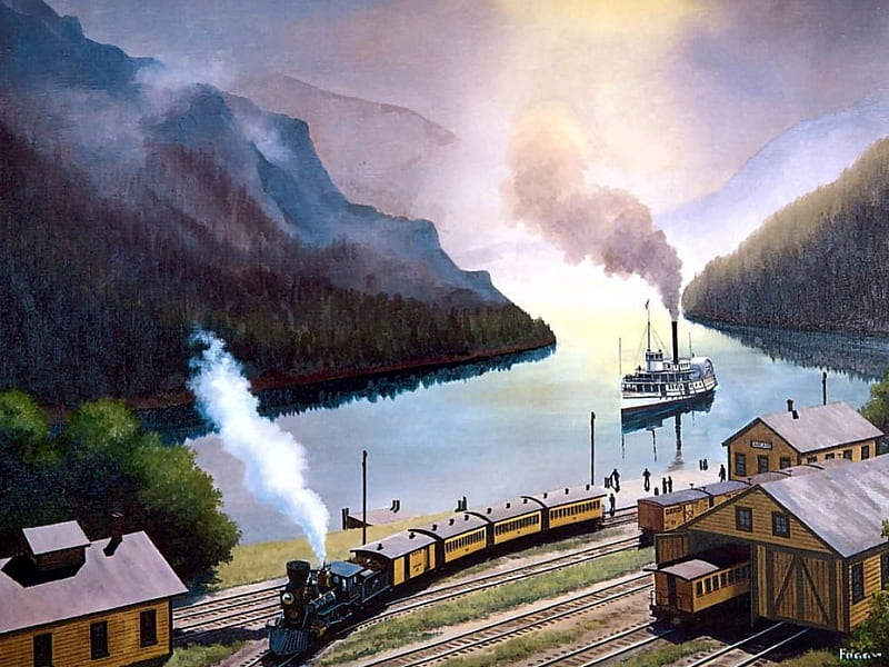 Columbia River Portage Point, railway, train, ship, mountains, station, steam, artwork, vintage, HD wallpaper