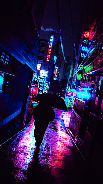 Neon lights, urban, night, after rain, reflection, street, City, HD ...
