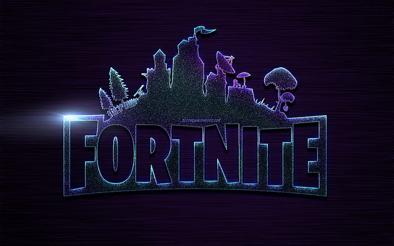 Fortnite, logo, purple glitter logo, emblem, creative art, popular games, purple metal texture, Fortnite logo, HD wallpaper