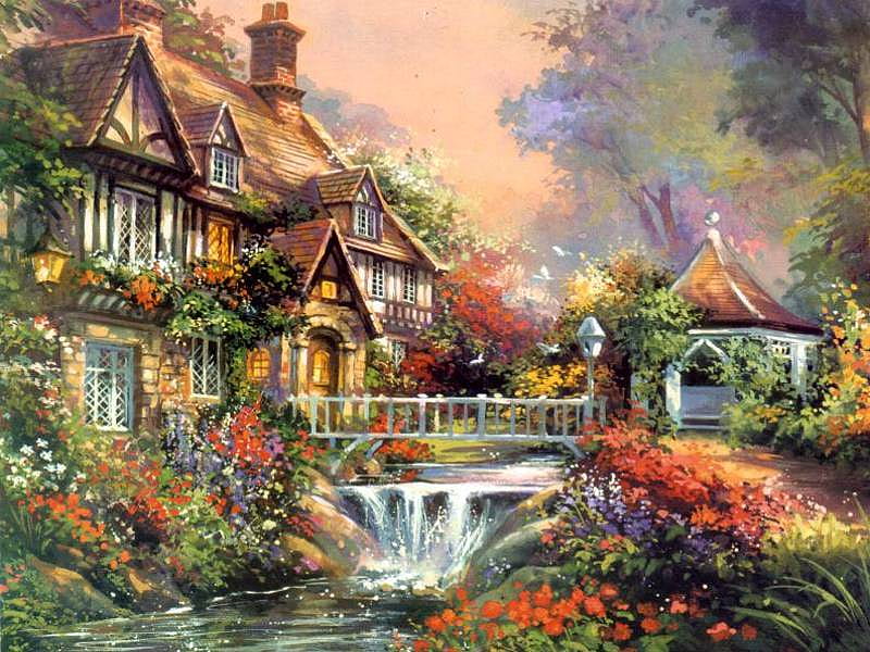 Little Falls Cottage, flower, waterfall, spring, cottage, HD wallpaper