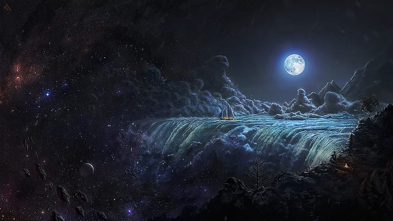 Fantasy, Waterfall, Cloud, Moon, Ship, HD wallpaper