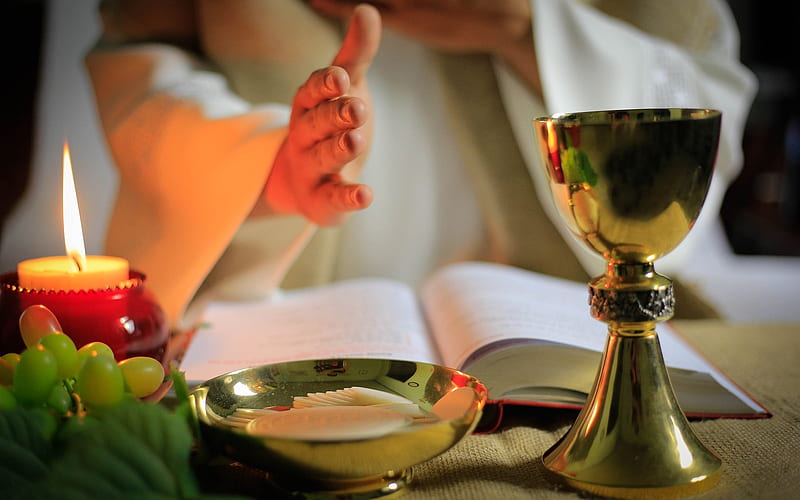 Eucharist, priest, candle, grapes, hosts, goblet, hand, HD wallpaper