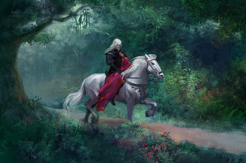 King & Queen, red, king, romatic, queen, horse, fantasy, love, white, couple, wood, HD wallpaper