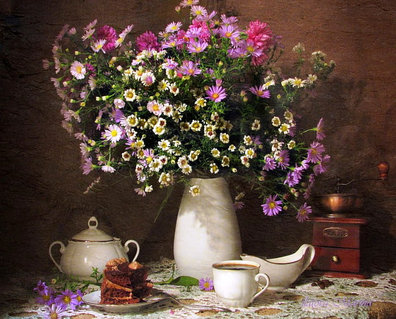 Still life, cake, table, vase, dessert, sugar bowl, coffee grinder, coffee, cup, flowers, beauty, nature, colour, pink, HD wallpaper