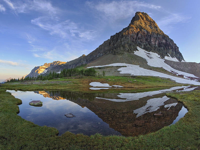 Glacier National Park, mountain, snow, montana, melted, dam, lake, HD wallpaper