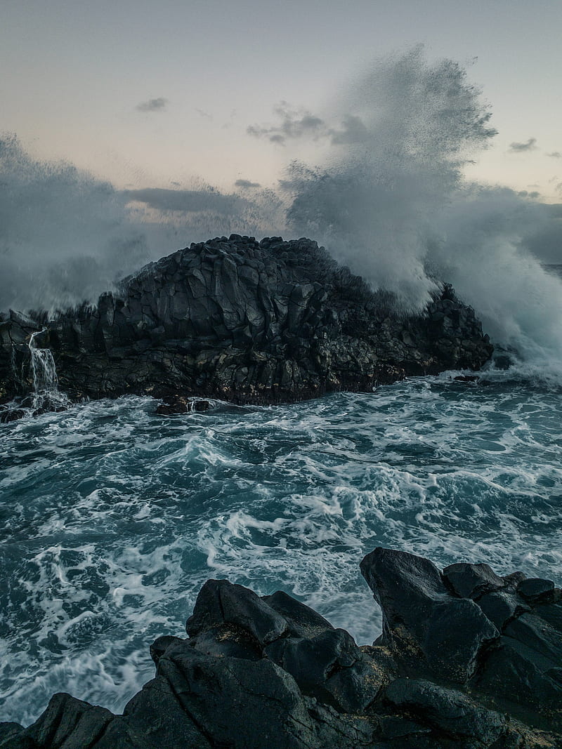sea, rocks, spray, waves, storm, water, HD phone wallpaper