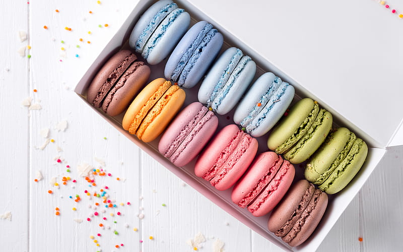 colorful macaroons, French pastries, color cookies, sweets, cakes, macaroons, HD wallpaper