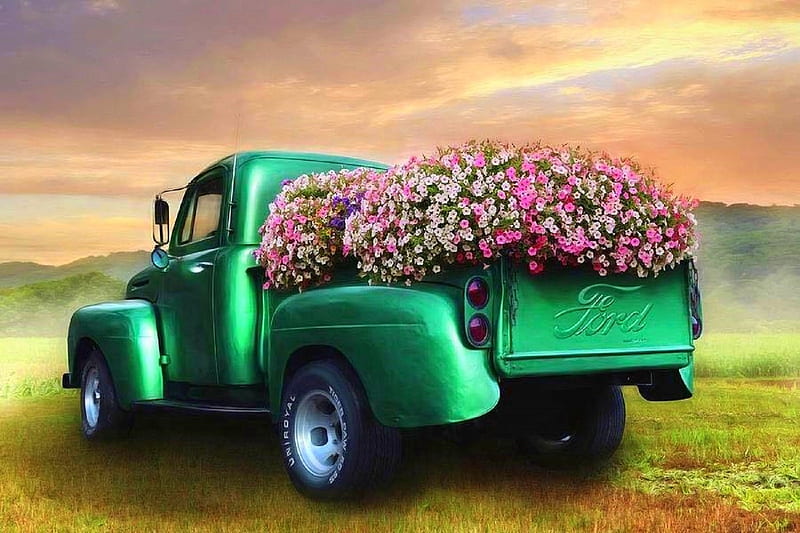 Green Flower Truck, graphy, green, flowers, love four seasons, nature, spring, attractions in dreams, truck, HD wallpaper