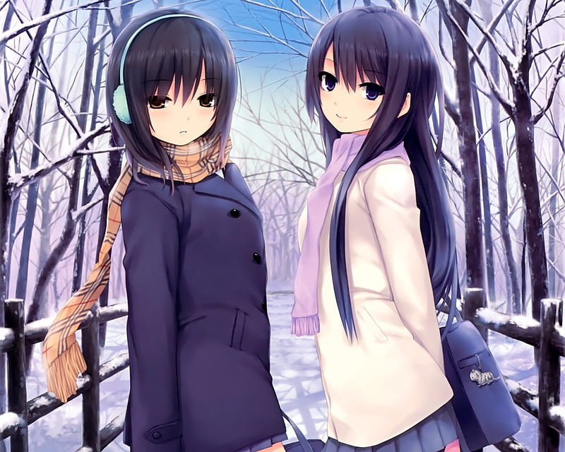 Winter, scarves, headphones, sisters, adorable, outdoors, cold, skirts, coats, girls, black hair, outside, female, school bag, trees, cat, cute, snow, walking, HD wallpaper