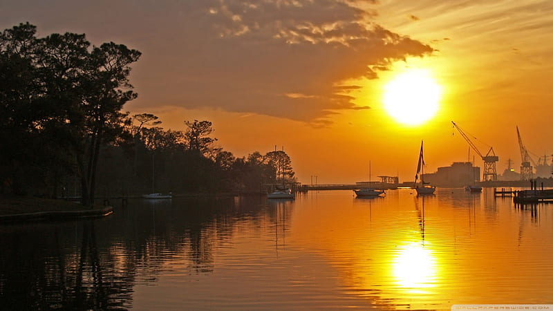 wonderful sun over harbor, boats, sun, sky, harbor, HD wallpaper