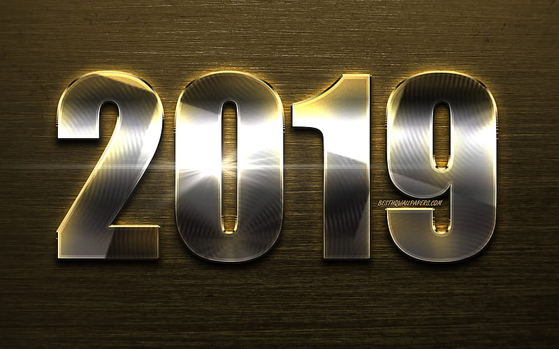 2019 polished metal digits, Happy New Year 2019, brown metal background, 2019 metal art, 2019 concepts, neon lights, 2019 on metal background, 2019 year digits, HD wallpaper