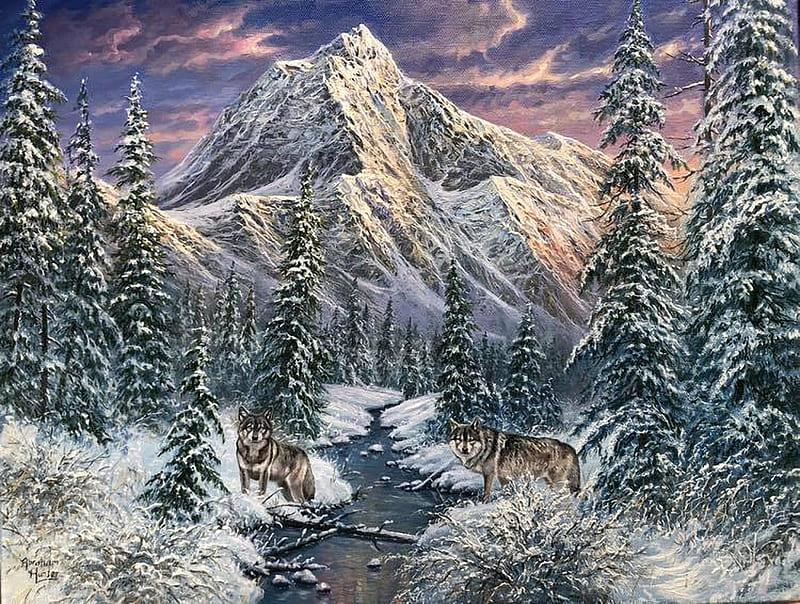 Ghosts of the Wild North, clouds, sky, trees, wolves, winter, nountain, creek, artwork, snow, wolfpack, painting, HD wallpaper