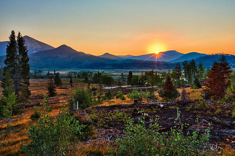 Sunrise Vista, Steamboat Lake, Colorado, trees, sky, mountains, usa, colors, landscape, HD wallpaper