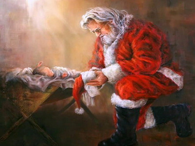 Merry Christmas, Christmas, Santa, kneeling, Jesus, HD wallpaper