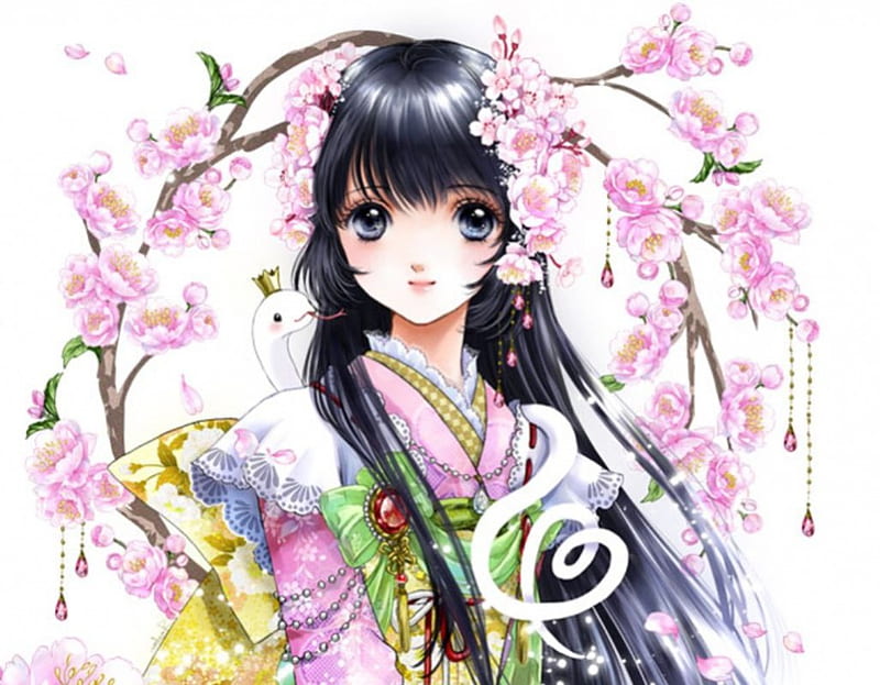 ~❀ADORE❀~, pretty, adorable, magic, women, sweet, floral, cherry blossom, fantasy, love, anime, royalty, flowers, beauty, anime girl, gems, jewel, long hair, reptile, sakura, lovely, gown, amour, sexy, jewelry, cute, snake, maiden, dress, sakura blosom, divine, adore, bonito, sublime, woman, animal, blossom, gemstone, hot, black hair, gorgeous, female, exquisite, kawaii, girl, flower, precious, magical, petals, black eyes, lady, angelic, HD wallpaper