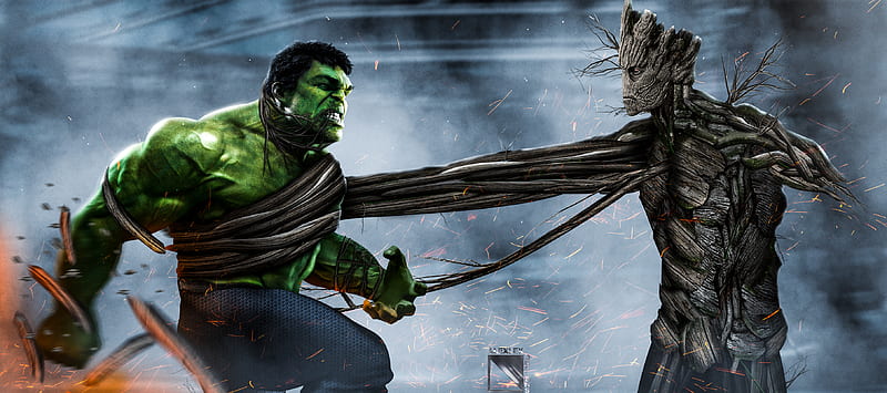 Hulk Vs Groot, hulk, groot, artwork, artist, , superheroes, movies, HD wallpaper