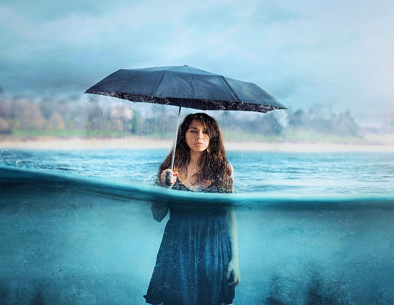 Umbrella Girl, art, water, digital, rain, extreme rain, flood, woman, HD wallpaper