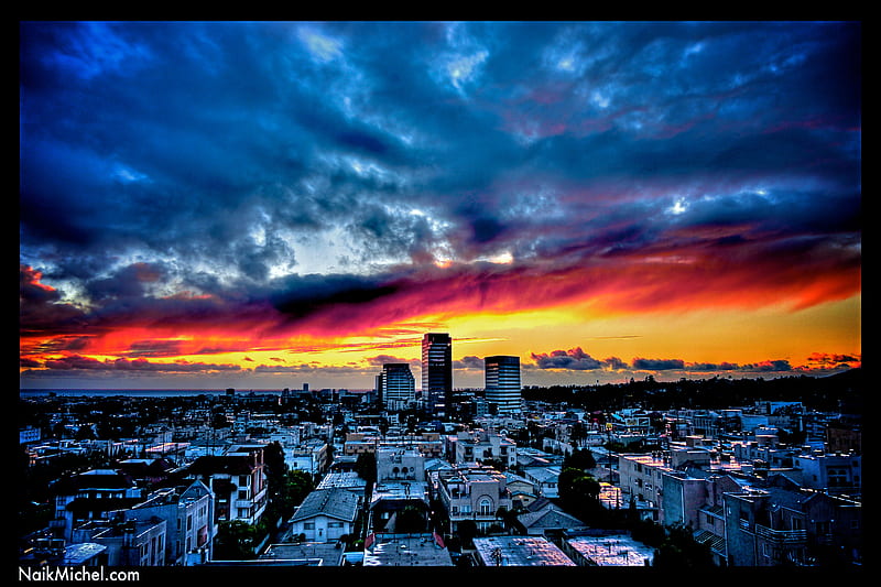 sunset over santa monica r, sunset, city, r, blue hue, HD wallpaper