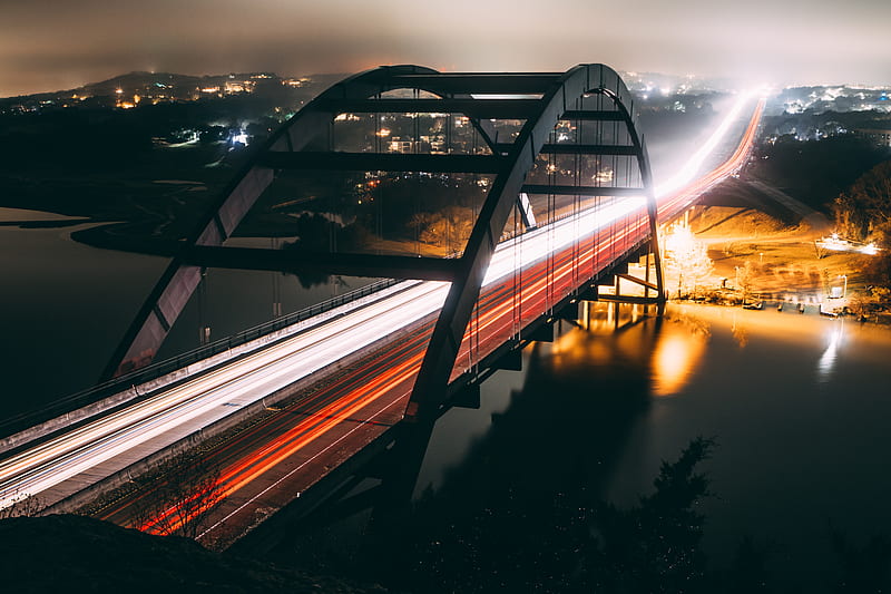 bridge, river, lights, long exposure, night, HD wallpaper