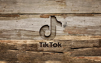TikTok wooden logo wooden backgrounds, social network, TikTok logo, creative, wood carving, TikTok, HD wallpaper