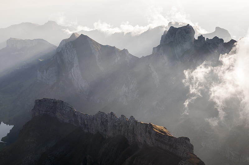 mountains, peaks, fog, clouds, mountain range, HD wallpaper