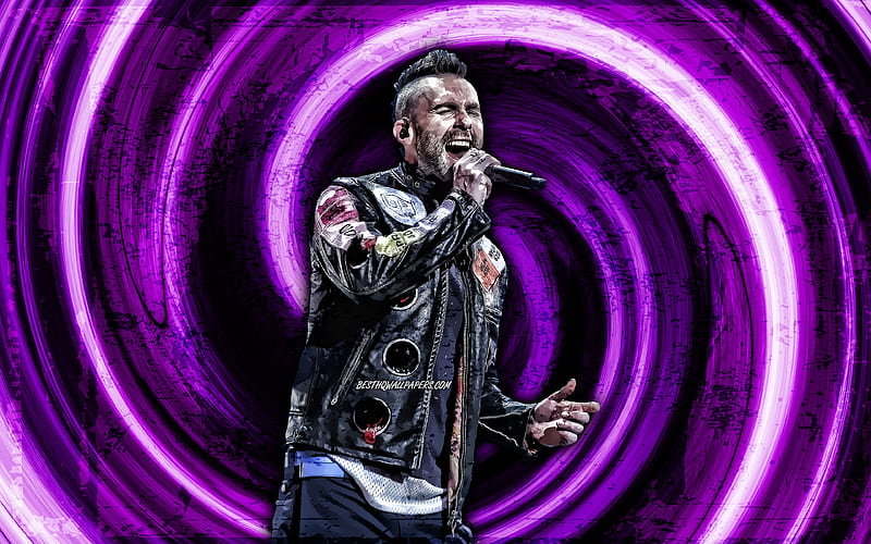 Adam Levine, violet grunge background, american singer, music stars, Maroon 5, Adam Levine with microphone, vortex, Adam Noah Levine, creative, Adam Levine, HD wallpaper