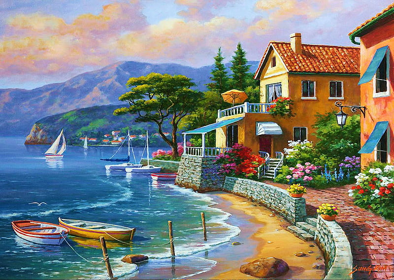 Seaside Paradise, beach, boats, houses, mountains, painting, sea, artwork, HD wallpaper
