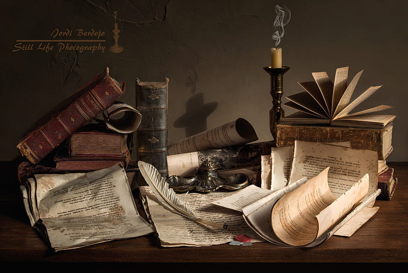 Pirates Study, candle stick, candle, books, notes, old, still life, literature, vintage, HD wallpaper