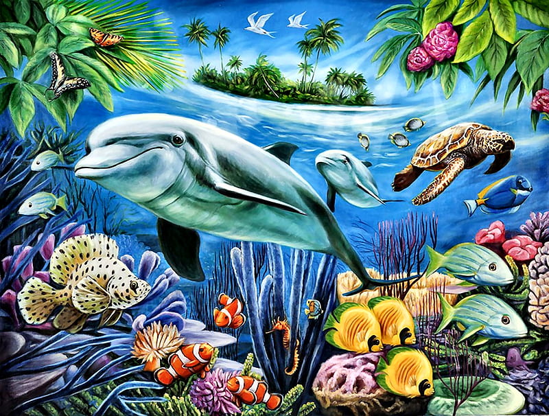 Dolphin Lagoon F, underwater, art, fish, ocean, bonito, turtle, artwork, sea, dolphins, painting, wide screen, wildlife, seascape, scenery, HD wallpaper