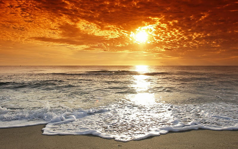Sunset beach, beach sun, see, nature, sunset, clouds, HD wallpaper