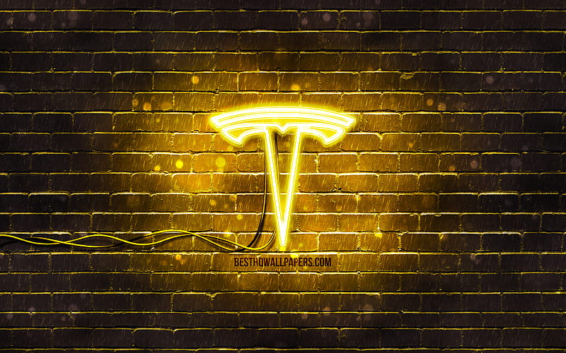 Tesla yellow logo yellow brickwall, Tesla logo, cars brands, Tesla neon logo, Tesla, HD wallpaper