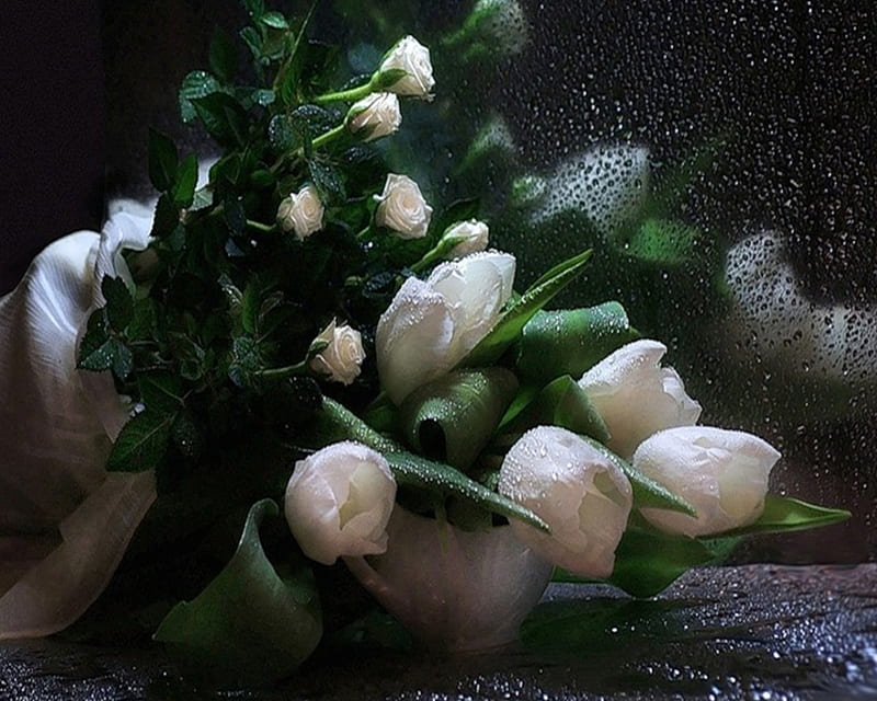 white - trough the waterdrops...., flowers, white, bouquet, waterdrops, HD wallpaper