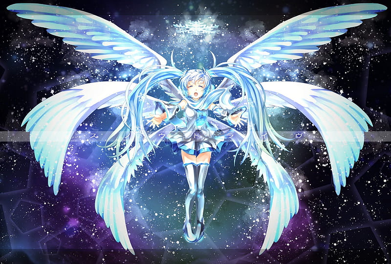 Angel Miku..., Miku, Vocaloids, Singing, bonito, Happy, Sweet, Starry Sky, Scarf, Vocaloid, Angel, Blue Hair, Blue Outfit, Long Hair, Blue Shoes, Ponytail, Blue, Wings, Blue Clothes, Night, Song, Night Sky, Sky, Hatsune, Flying, Tie, Blue Socks, Cute, Yuki, Hatsune Miku, Snow, Angel Miku, Ribbons, k2pudding, HD wallpaper