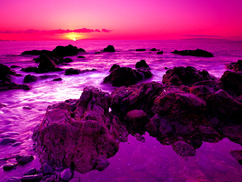 Peaceful Purpel Sunset, sun, bonito, sunset, clouds, sea, wave, beach, graphy, stones, beauty, pink, horizon, view, ocean, rockes, sky, water, rays, purple, nature, HD wallpaper