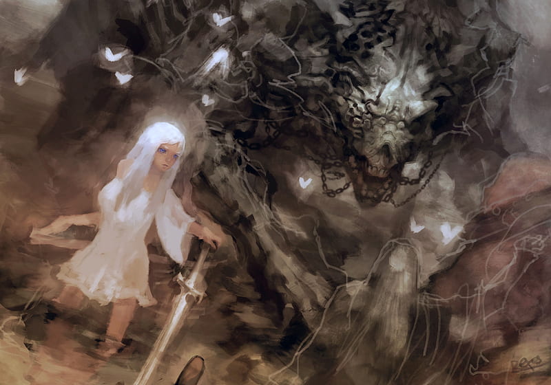 Fantasy, Women Warrior, Demon, Girl, Sword, White Hair, Woman Warrior, HD wallpaper