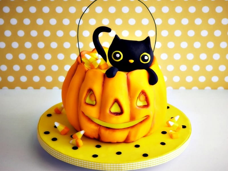 Black cat cake by TheCakeGirls, cake, orange, food, halloween, black, yellow, cat, sweet, dessert, cute, pumpkin, HD wallpaper