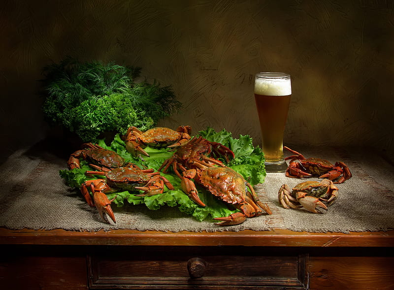 Food, Crab, Beer, Glass, Salad, Seafood, HD wallpaper