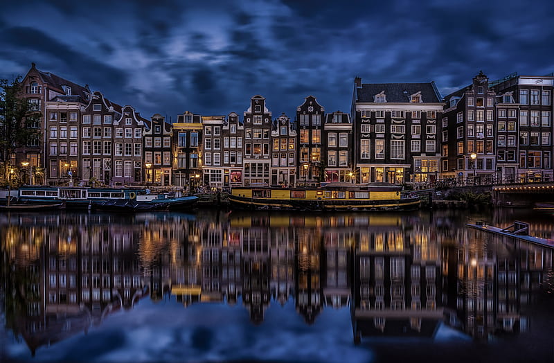 Cities, Amsterdam, Boat, Canal, House, Light, Netherlands, Night, Reflection, HD wallpaper