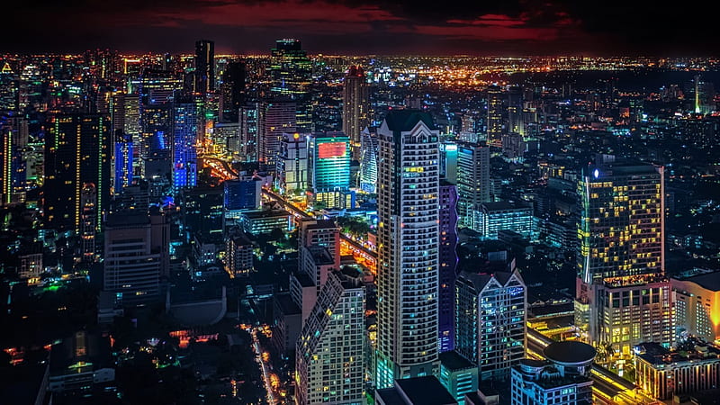 krungthep, night, lights, bangkok, skyscrapers, megapolis, capital, thailand, HD wallpaper