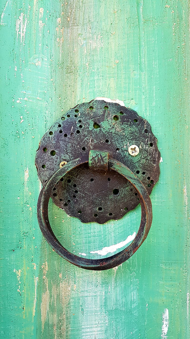 Green door, antique, bell, old, HD phone wallpaper