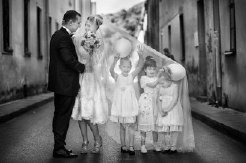 It's not about the Bride, bouquet, wedding bride, veil, black and white, bridesmaids, loving couple, HD wallpaper