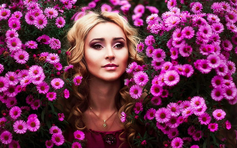 Blonde Model Surrounded By Flowers Model Flowers Pink Blonde Hd Wallpaper Peakpx