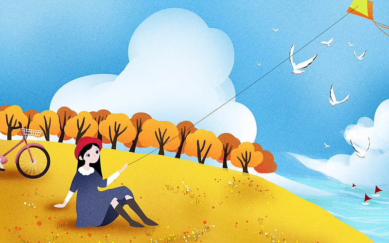 Girl Kite Autumn Grassland Illustration, HD wallpaper