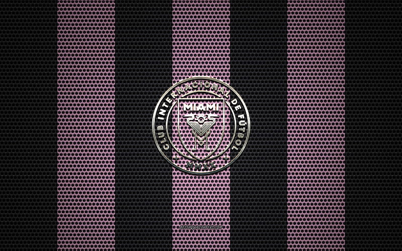 Inter Miami CF logo, American football club, metal emblem, pink gray metal mesh background, Inter Miami CF, MLS, Miami, Florida, USA, Soccer, HD wallpaper