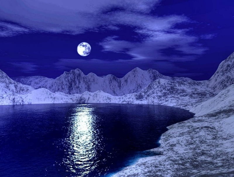 moon at night, moon, see, nature, reflection, lake, blue, night, HD wallpaper