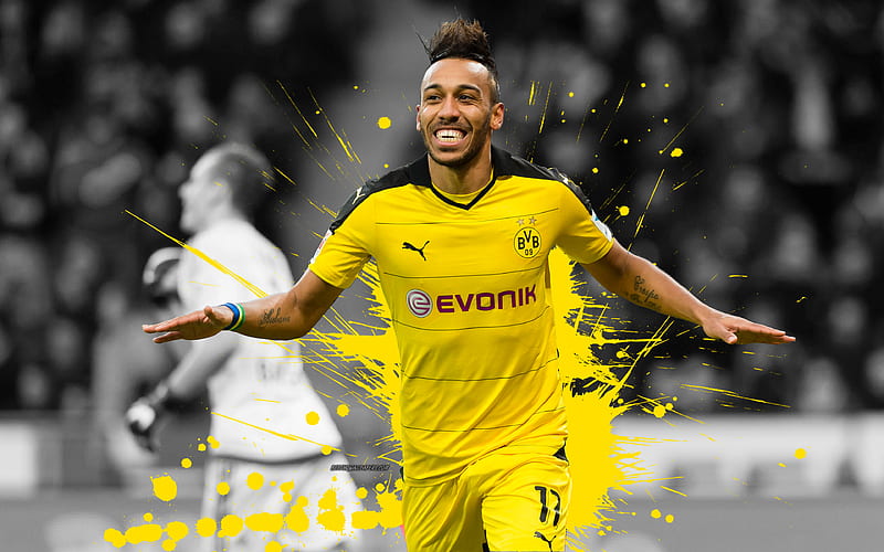 Pierre-Emerick Aubameyang Borussia Dortmund, art, grunge, bright yellow splash, Gabon footballer, Germany, Bundesliga, HD wallpaper