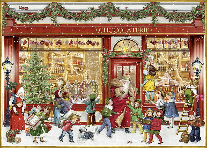 The Chocolate Shop, red, art, craciun, christmas, barbara behr, children, chocolate shop, santa, alison gardiner, painting, pictura, HD wallpaper